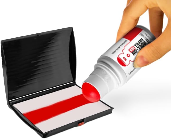 Roll-On Stamp Pad Ink Refill 50ml/1.7oz â Self Inking, Foam & Felt Pads â Easy-Use Roller Ball Applicator (RED)