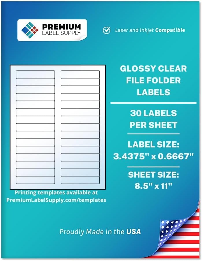 Premium Label Supply Glossy Clear File Folder Labels â 3.4375" x 0.6667" â Laser/Inkjet Compatible â (30 per Sheet) â 30,000 Total Adhesive Labels