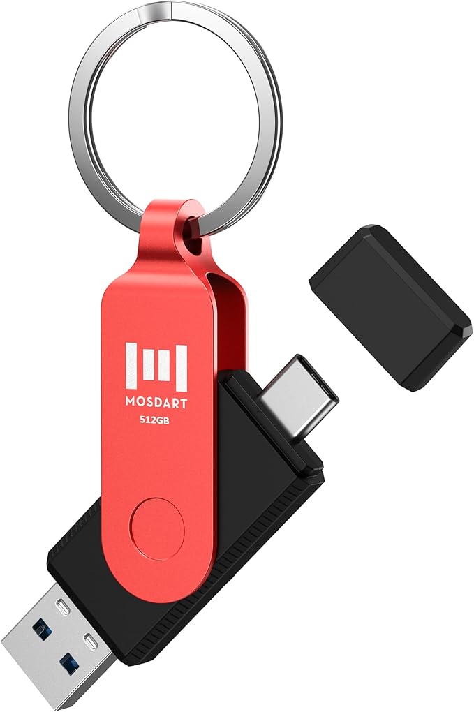 MOSDART 512GB USB3.1 Fast Speed C and A Dual Flash Drive, exFAT Memory Stick with Keychain and LED Indicator, for iPhone 15,16,17, Android Phone, iPad, MacBook, and Other Laptops, Red