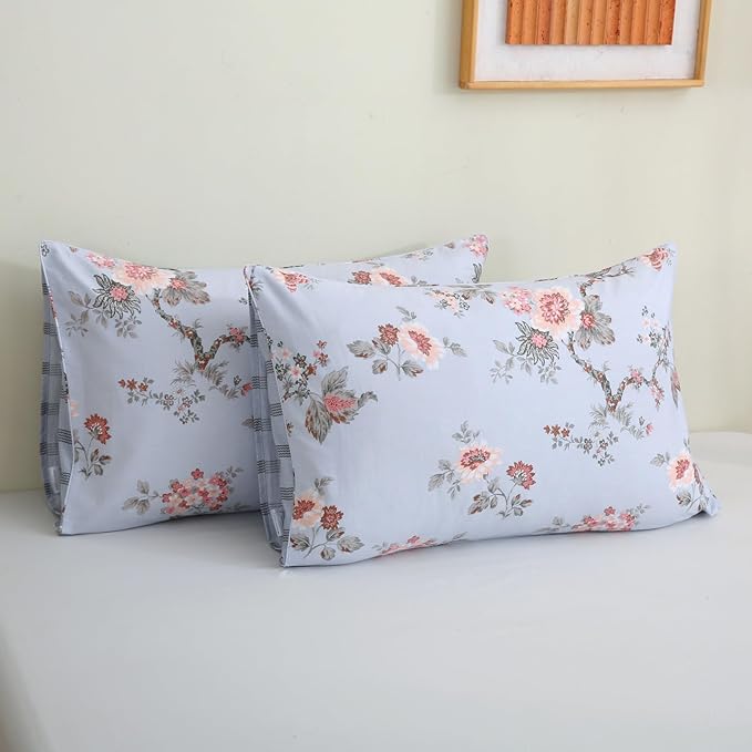 ABREEZE Floral Duvet Cover Queen Size Set Bird Flowers Bedding Set 100% Brushed Cotton Bedding Collection 1 Duvet Cover with 2 Pillowcases Grey