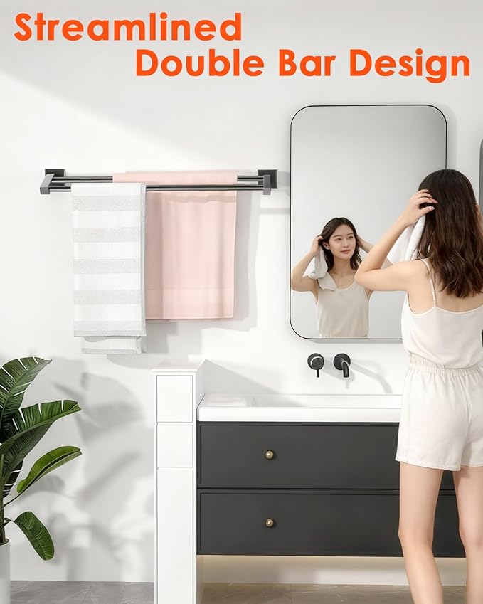 Alise Bath Double Towel Bars,Towel Holder Towel Racks for Bathroom Lavatory,24 Inch SUS304 Stainless Steel Towel Hanger Towel Rail Wall Mount,Matte Black,GK9009-B