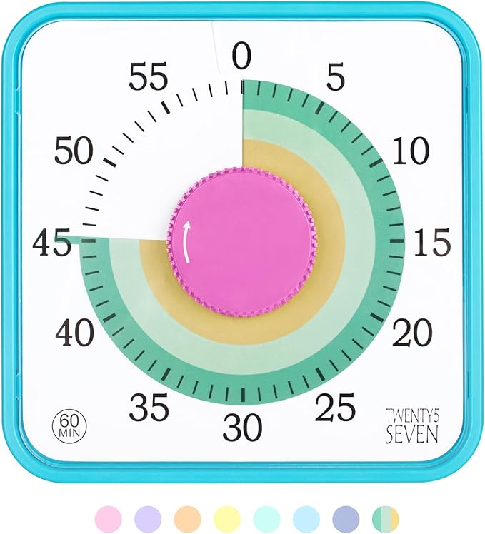 TWENTY5 SEVEN Countdown Timer 7.5 inch; 60 Minute 1 Hour Visual Timer â Classroom Teaching Tool Office Meeting, Mechanical Countdown Clock for Kids Exam Time Management Magnetic, Colorful