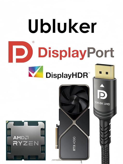 10K 8K DisplayPort 2.1 Cable 54Gbps 25 FT, Certified DP to DP Cord 4K 240Hz 165Hz 144Hz 120Hz 10K 8K 120Hz Nylon Braided UHBR HDCP2.3 FreeSync G-Sync RTX5090 Gaming Monitor PC Projector