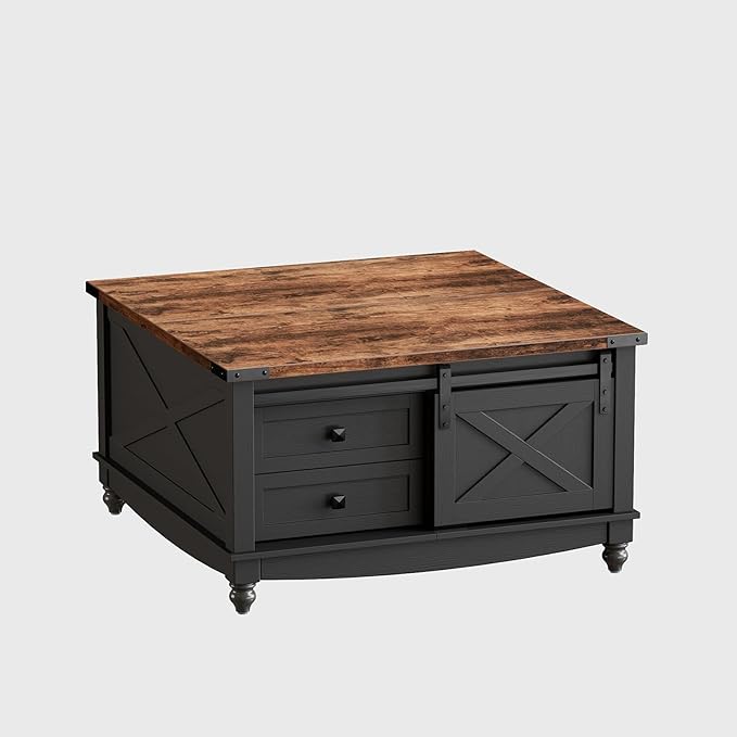 31.5" Lift Top Coffee Table with Storage, Farmhouse Coffee Tables for Living Room, Square Coffee Table with Large Hidden Storage Compartment, 2 Drawers & Removable Shelves, Black