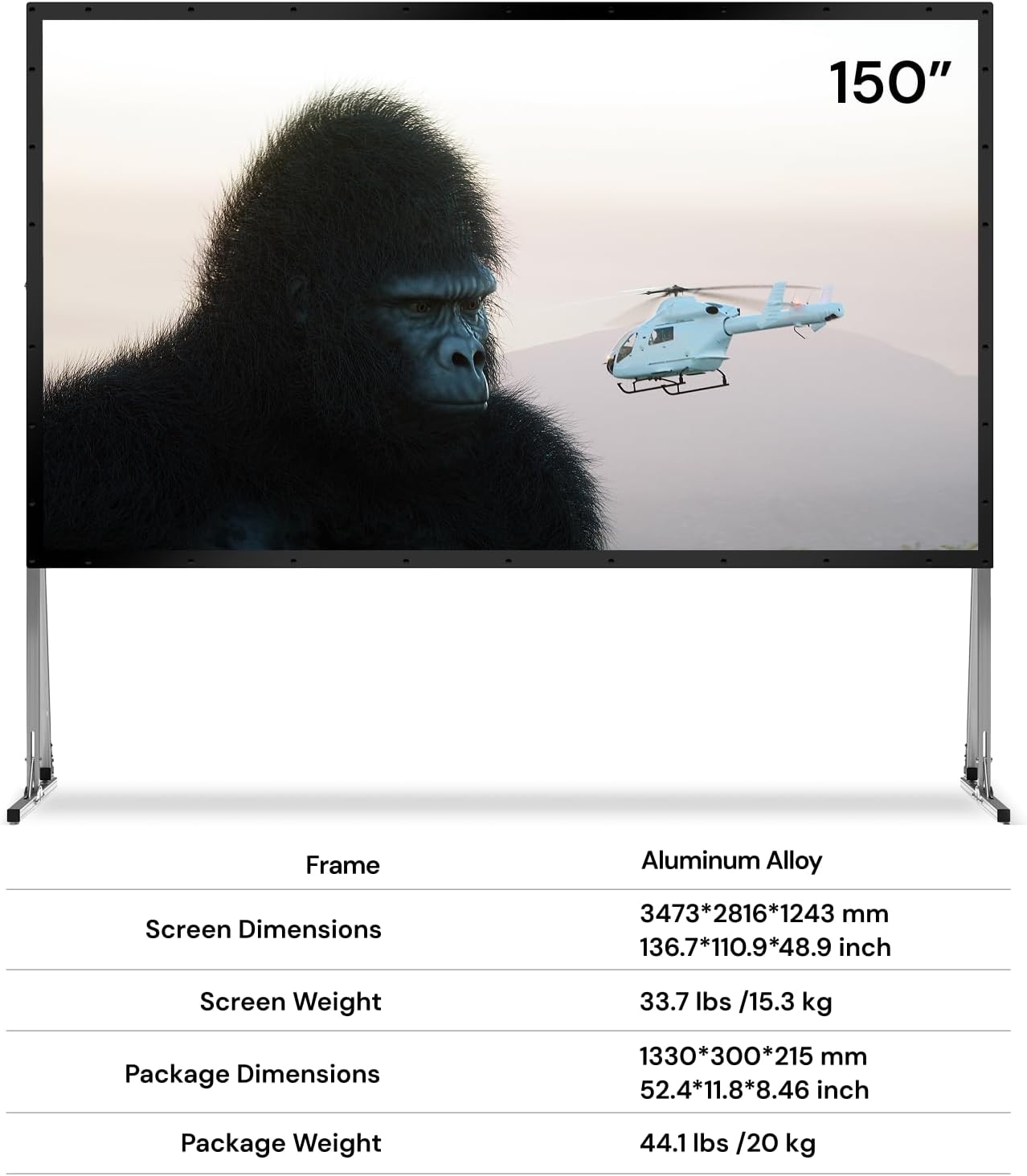 AWOL VISION Folding Outdoor Projector Screen with Stand (150 inches), Portable 16:9 4K HD Rear Front Movie Screen with Carry Bag for Theater Backyard Movie Night,Cinema School