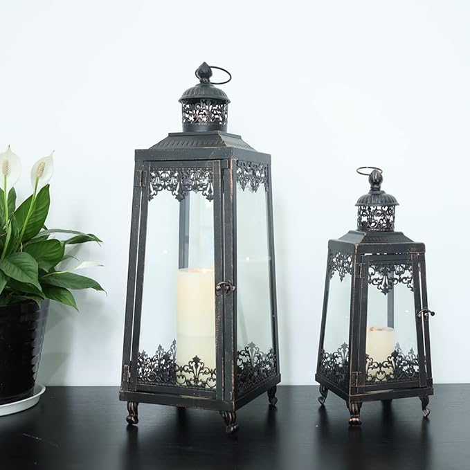 NEEDOMO Lanterns Decorative Outdoor & Indoor, Set of 2 Outdoor Lanterns for Porch,Large Candle Lantern, Bronze Metal Frame with Glass for Fall, Christmas