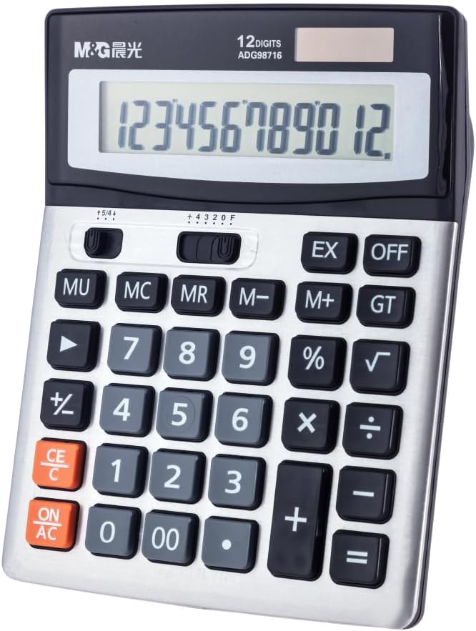 M&G Desk Calculator 12 Digit Extra Large LCD Display Calculator, Dual Solar Power and Battery, Battery Included, Metal Panel Comfort Button Calculator for Office Home School