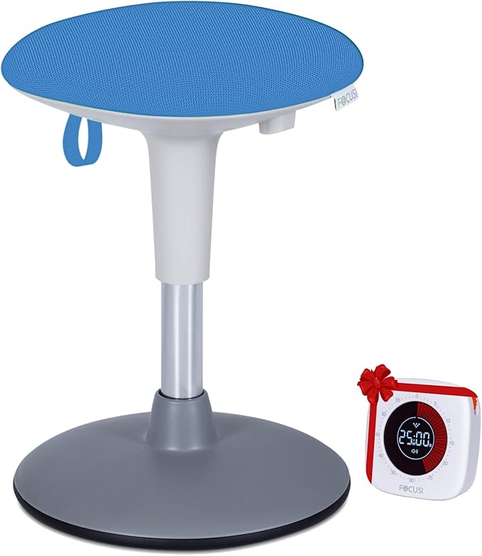 Wobble Stool for Kids Ages 7â12; Adjustable Height Wobble Stools for Classroom Seating with Soft Cushion; Flexible Wiggle Chair for Focus and ADHD Support + Bonus Visual Timer (Sky Blue)