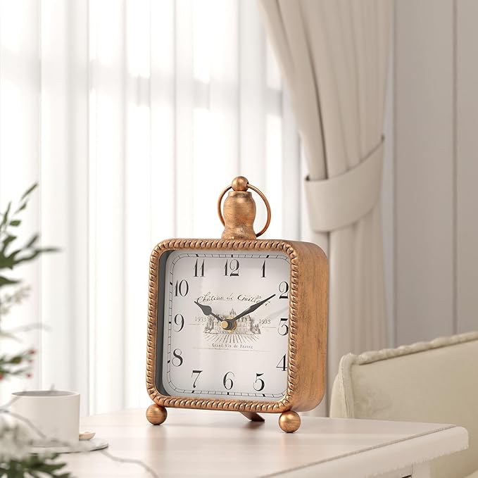 Vintage Gold Table Clock on Stand, Desk and Shelf Decor Clock, French Rustic Style Non-Ticking Mantel Clocks for Farmhouse, Living Room, Bedroom, Bedside, Gift (8.5" H x 5.5" W)