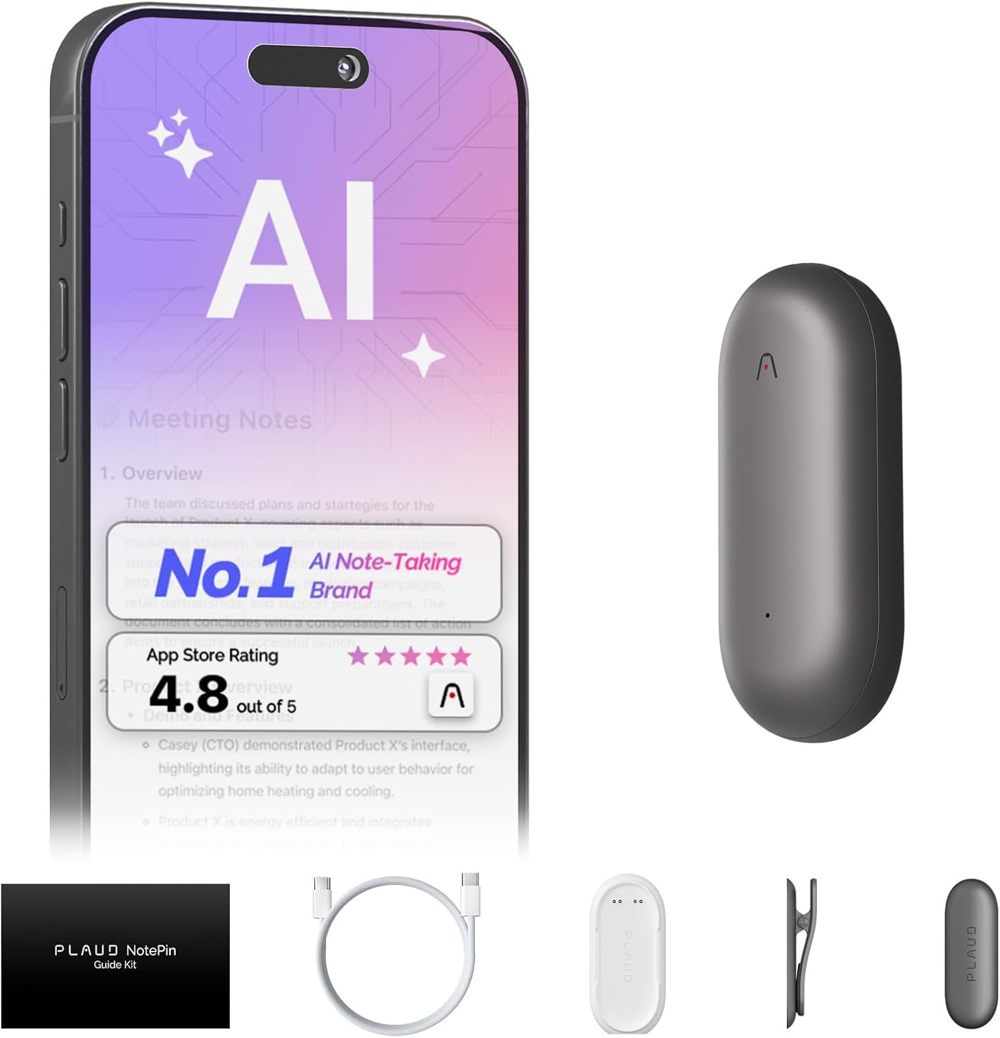 NotePin Voice Recorder, AI Voice Recorder, App Control, AI Notetaker, AI Transcribe & Summarize, Support 112 Languages, 64GB Memory, Audio Recorder for Lectures, Meetings, Cosmic Gray