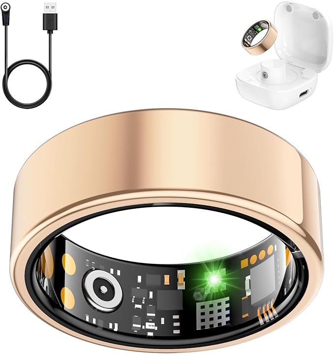 Smart Health Ring for Women Men, Fitness Tracker Ring with Heart Rate, Blood Oxygen, Sleep Tracker, Step Tracker, No Subscription Fee, IP68 Waterproof Smart Ring for iphone & Android (Rose Gold, 7#)