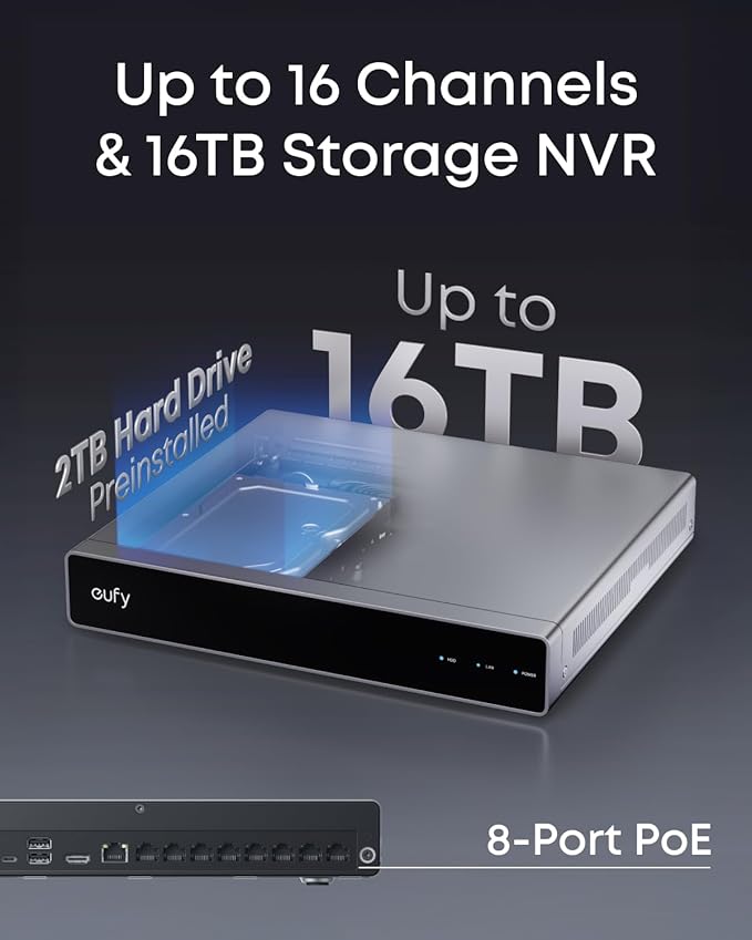 eufy PoE NVR Security System E40,24/7 Recording,Up to 16CH, 2TB HDD, 8 4K Bullet Cams, Wired Outdoor Cam, 4K UHD, 122° FOV, Color Night Vision,AI Detection, Red and Blue Strobe