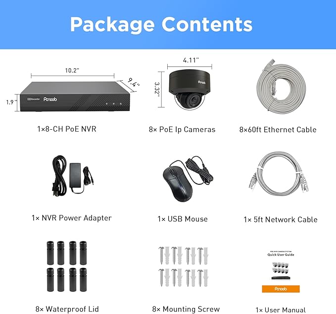 8 Channel Security Camera System, 8X 4K IK-10 Vandal-Proof PoE Dome Cameras, AI Human Vehicle Detection, IP66 100ft IR Night Vision Built-in Microphone, 4K 8CH PoE NVR 2TB HDD, PD54B0808-8M