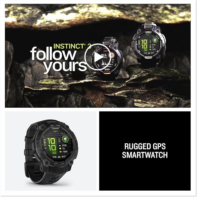 Garmin Instinct® 3 45mm, AMOLED Display, Rugged Outdoor GPS Smartwatch, Metal-Reinforced Bezel, Built-in Flashlight, Up to 18 Days of Battery Life, Black