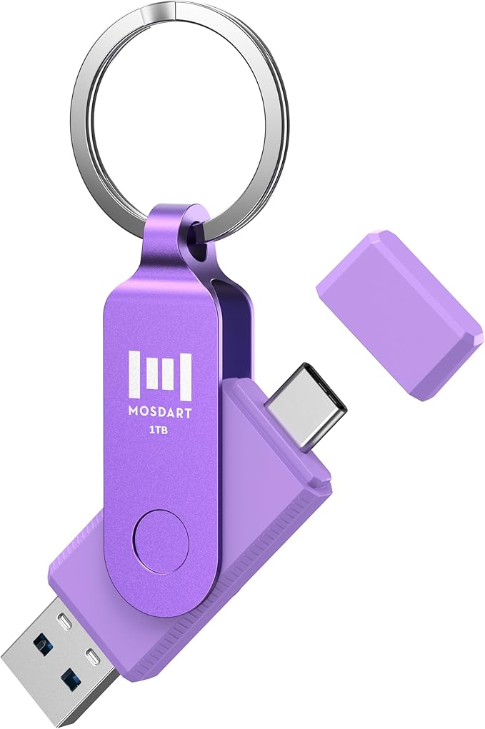 MOSDART 1TB USB3.1 Fast Speed C and A Dual Flash Drive, exFAT Memory Stick with Keychain and LED Indicator, for iPhone 15,16,17, Android Phone, iPad, MacBook, and Other Laptops, Purple