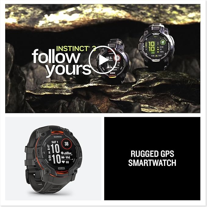 Garmin Instinct® 3 50mm, Solar Charged Display, Rugged Outdoor GPS Smartwatch, Metal-Reinforced Bezel, Built-in Flashlight, Charcoal