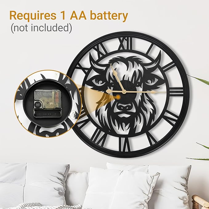 20inch Large Wall Clocks for Living Room Decor,Farmhouse Black Metal Decorative Wall Clock,Wall Clocks Battery Operated for Bedroom,Kitchen(Highland Bull Wall Clock, 20 Inch)