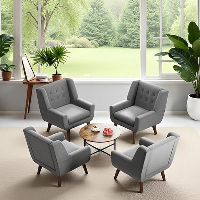 HUIMO Button-Tufted Accent Chairs Set of 2,Upholstered Reading Living Room Chair,Mid Century Modern Chair with Linen Fabric, Club Chair,Comfy Arm Chairs for Living Room,Bedroom,Light Grey