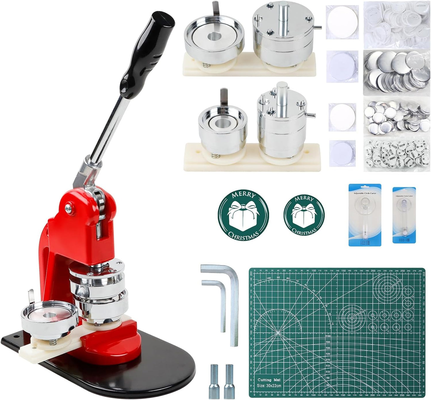 Button Maker Machine Set, Multiple Sizes Button Maker Machine 58+75mm, Push Pull Button Press Machineï¼Pin Maker Machine with Circle Cutter and Cutting Mat, Come with 200 Button Parts Supplies