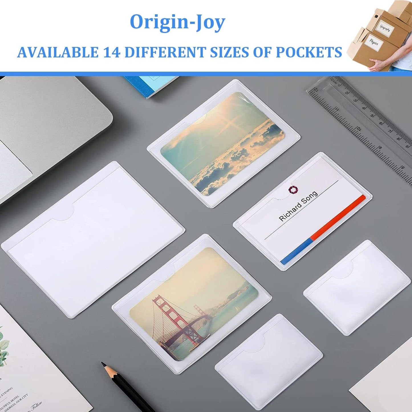 Origin-Joy 25 PCS Self-Adhesive Index Label Pockets, Clear Plastic Peel & Stick Card Holders with Top Open for Loading (1 x 3 inch)