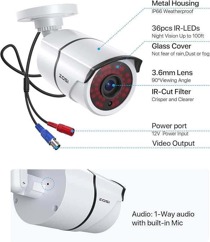 ZOSI 2MP 1080P HD-TVI CCTV Home Security Camera with Audio, Built-in Mic, IP66 Weatherproof, Night Vision, Indoor Outdoor Surveillance Camera, Only Compatible for ZOSI 3K Lite Analog DVR - White