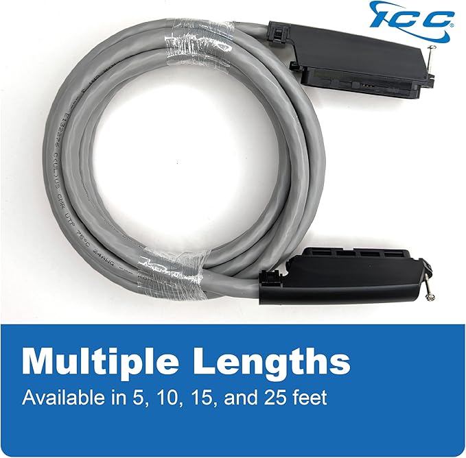 ICC Female to Male 25 Pair Telco Cable 10ft - Cat3 24AWG, 100% Solid Pure Copper, Gray Riser CMR Cable with 90 Degree 50 Pin Telco Connector for Voice and Low Data PBX Applications, 10 Feet