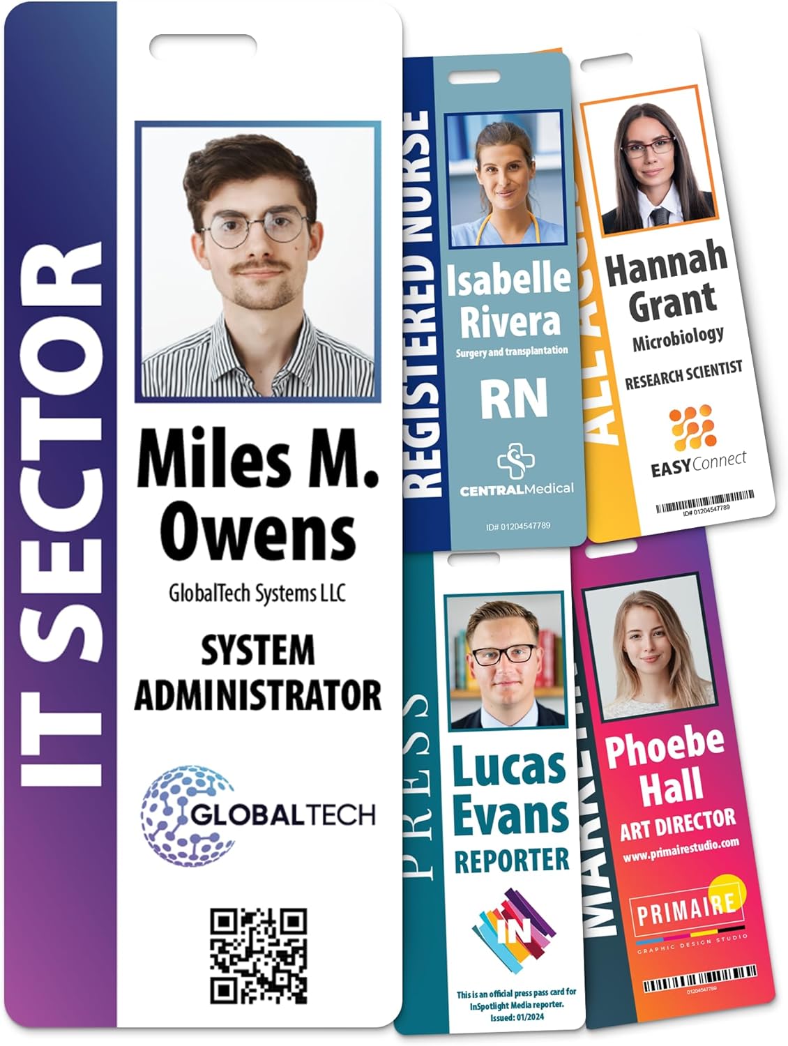 Custom Print Employee ID Badge with Vertical Side Text, Double Sided Print with Name, Photo, Logo, and Barcode â Unique Photo ID Card Solution (Vertical Oversize)