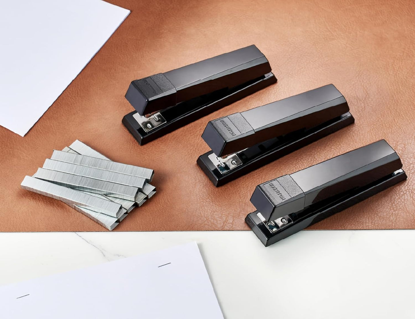 Bostitch Office No-Jam Premium Desktop Stapler, Full-Strip, Black, 1,250 Staples Included, 3-Pack