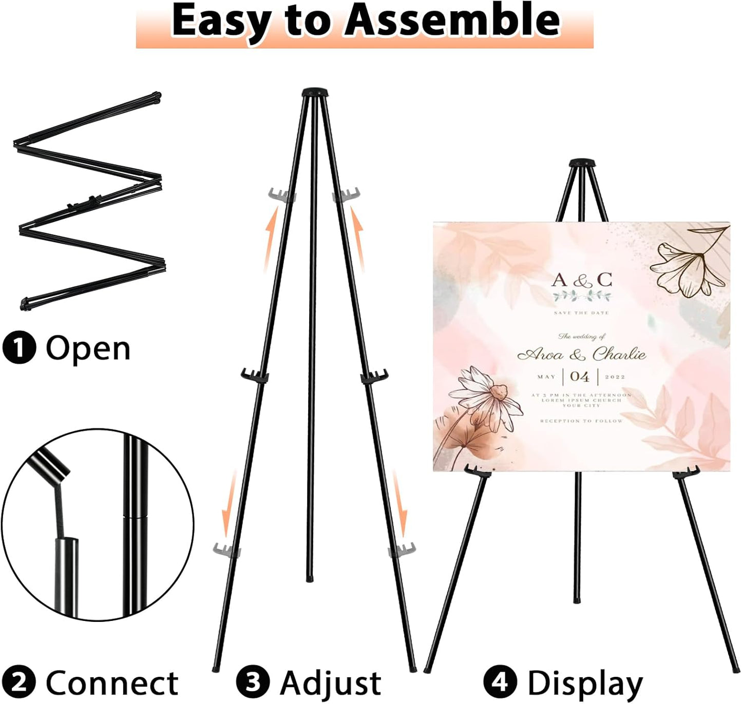 Instant Display Easel Stand, 63" Collapsible Portable Adjustable Height Art Easel - Easy Folding Telescoping Metal Floor Poster Tripod for Display, Black(3 Pack)