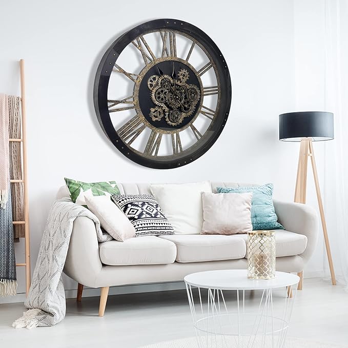 DORBOKER 40" Original Moving Gears Wall Clock, Large Industrial Wall Clock for Living Room Decor,Oversized Wood Vintage Farmhouse Steampunk Rustic Clocks for Wall Decor Vintage Black