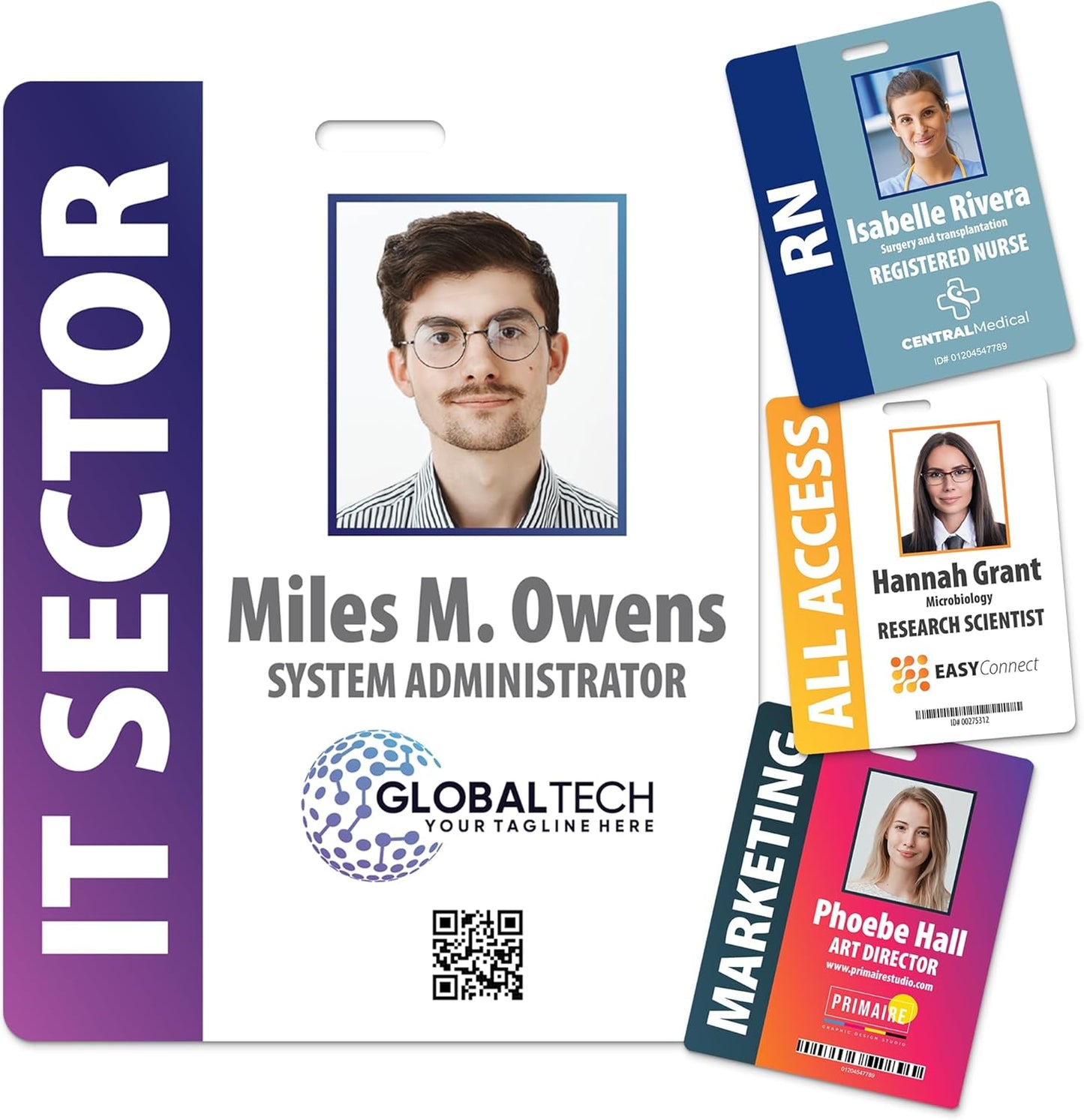 Custom Print Employee ID Badge with Vertical Side Text, Double Sided Print with Name, Photo, Logo, and Barcode â Unique Photo ID Card Solution (Horizontal Oversize)