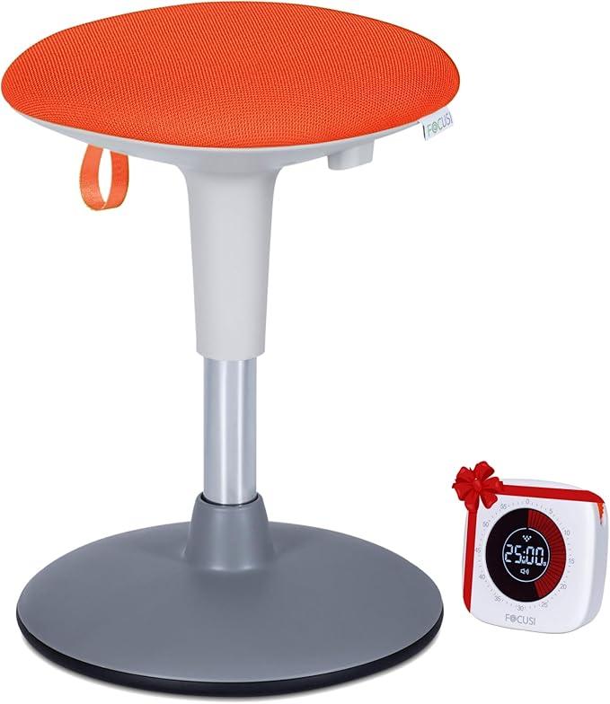 Wobble Stool for Kids Ages 7â12; Adjustable Height Wobble Stools for Classroom Seating with Soft Cushion; Flexible Wiggle Chair for Focus and ADHD Support + Bonus Visual Timer (Sunny Orange)