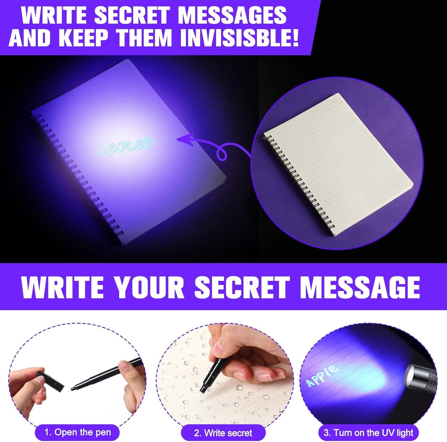 Tegeme 8 Pcs Black Light Markers Set 4 Invisible Ink Pen 4 Mini UV Flashlights Invisible Ink Marker Disappearing Pen for Class Prizes Spy Gift Party Favors(Grey and Black)