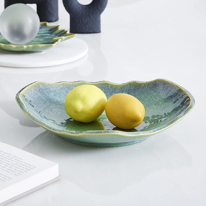 Ceramic Decorative Dish, 12'' Large Green Decorative Bowl, Versatile Centerpiece Decor, Key Bowl, Gift Decor Tray for Entryway Table Living Room Dining (12'' Dish)