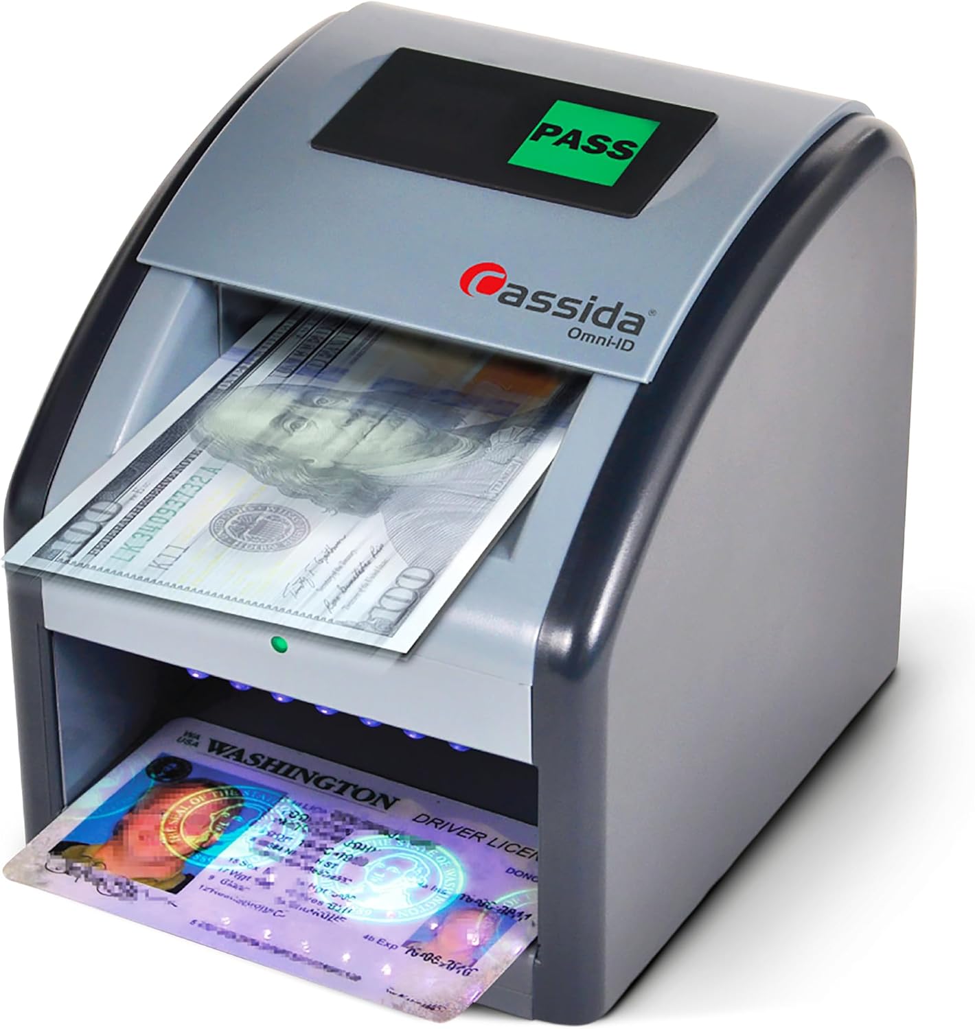 Cassida Omni-ID 2-in-1 Currency Counterfeit Detector with UV Identification Verification Lights â Bill Checker with Infrared, Magnetic and Ultraviolet Sensors - Easy to Read PASS/FAIL Display