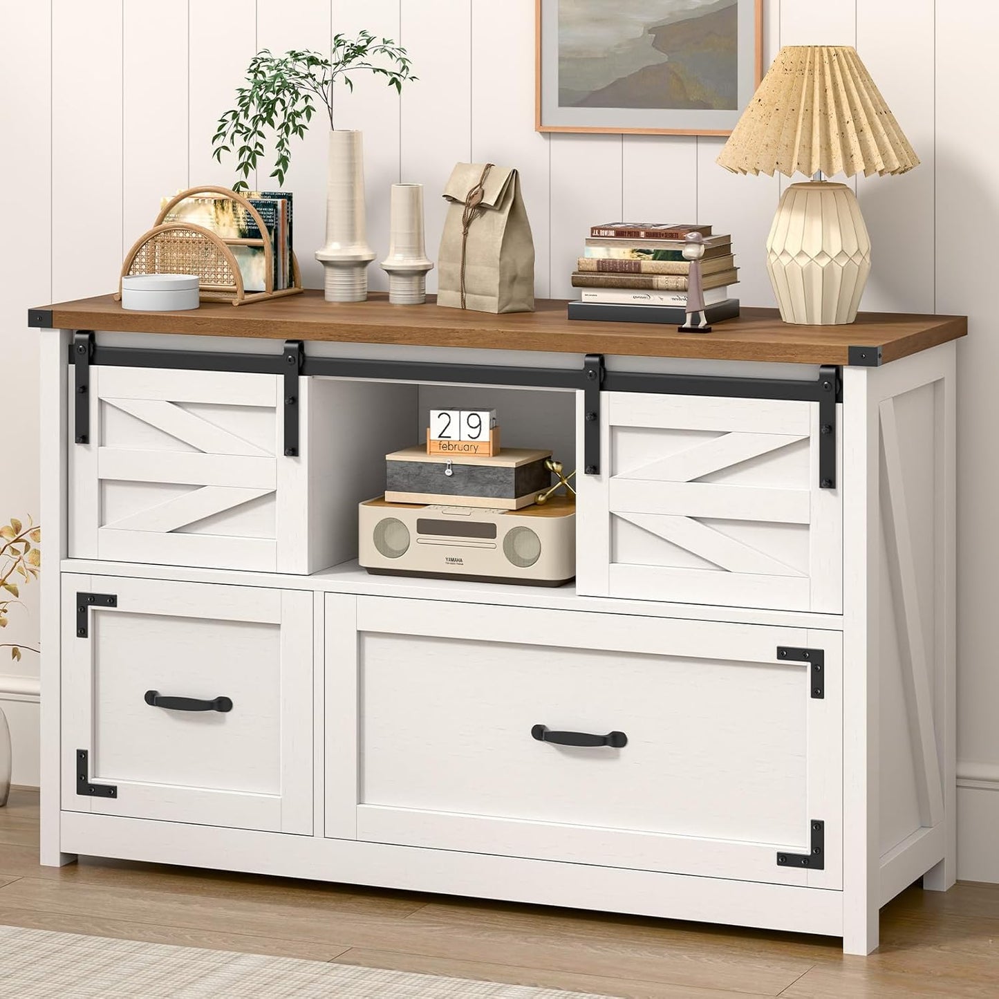 Lateral File Cabinets 2 Drawer with Sliding Barn Doors, Farmhouse Filing Cabinet with 2 Drawer for Home Officeï¼Filing Organization Storage Cabinets for Hanging Files Letter/Legal/F4/A4.(Brown.)