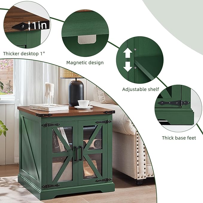 24" End Table Set of 2 with Charging Station, Farmhouse Night Stand with Glass Barn Door, Nightstands with Adjustable Storage Shelf, Large Wood Square Bed Side Table for Living Room, Bedroom