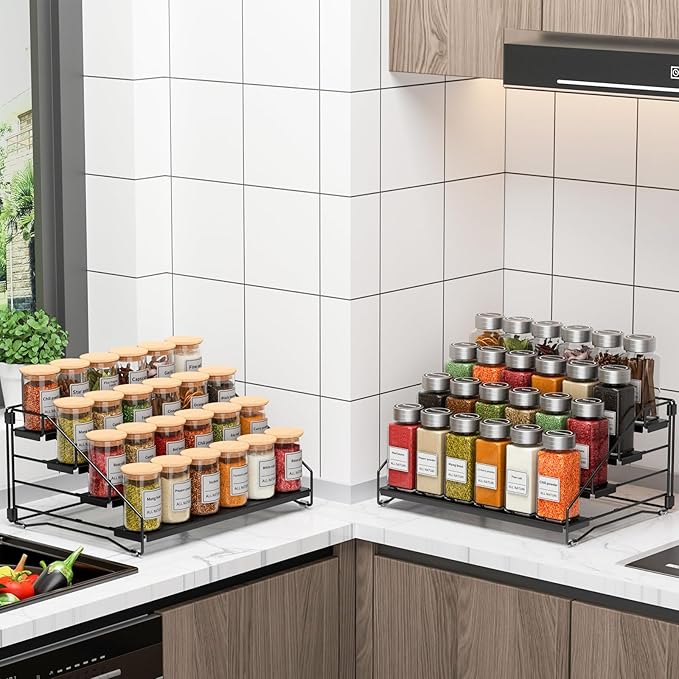 RCHYFEED Spice Rack Organizer for Cabinet Pantry,4 Tier Spice Rack Countertop, Depth Adjustable Spice Organization for Cabinet,Tierd Seasoning Organizer for Cabinet(Black, 1Pack)