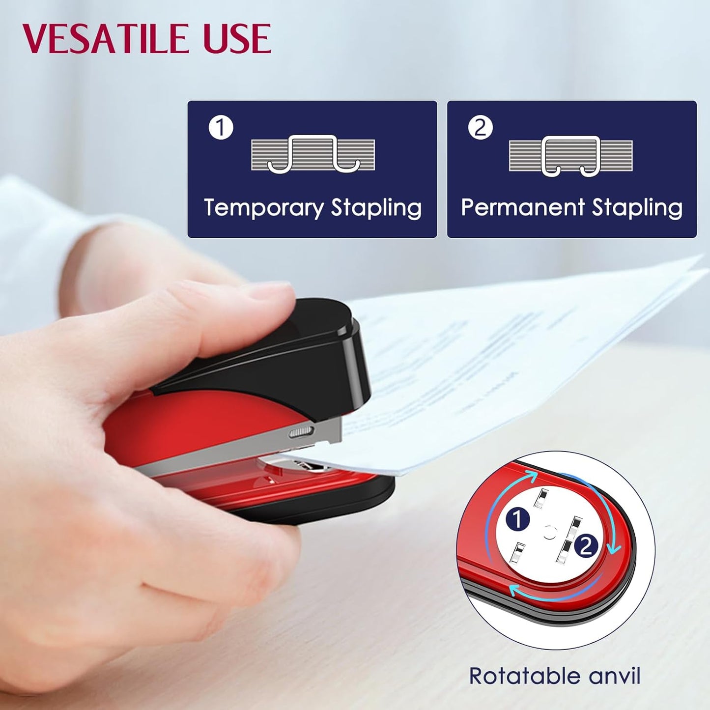 Metal Stapler Heavy Duty 50 Sheet Capacity with 1750 Staples and Staple Remover, Full Strip Staplers for Desk, No Jam, Non-Slip for Office & Classroom, Red