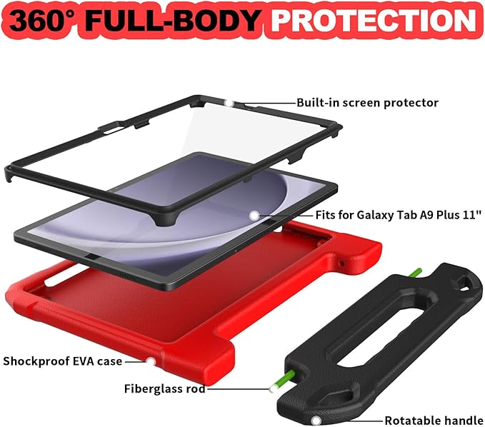YIHE Kids Case for Samsung Galaxy Tab A11 Plus 2025 & A9 Plus 2023 11 Inch, Shockproof Handle Stand Cover with Built-in Screen Protector, Red&Black