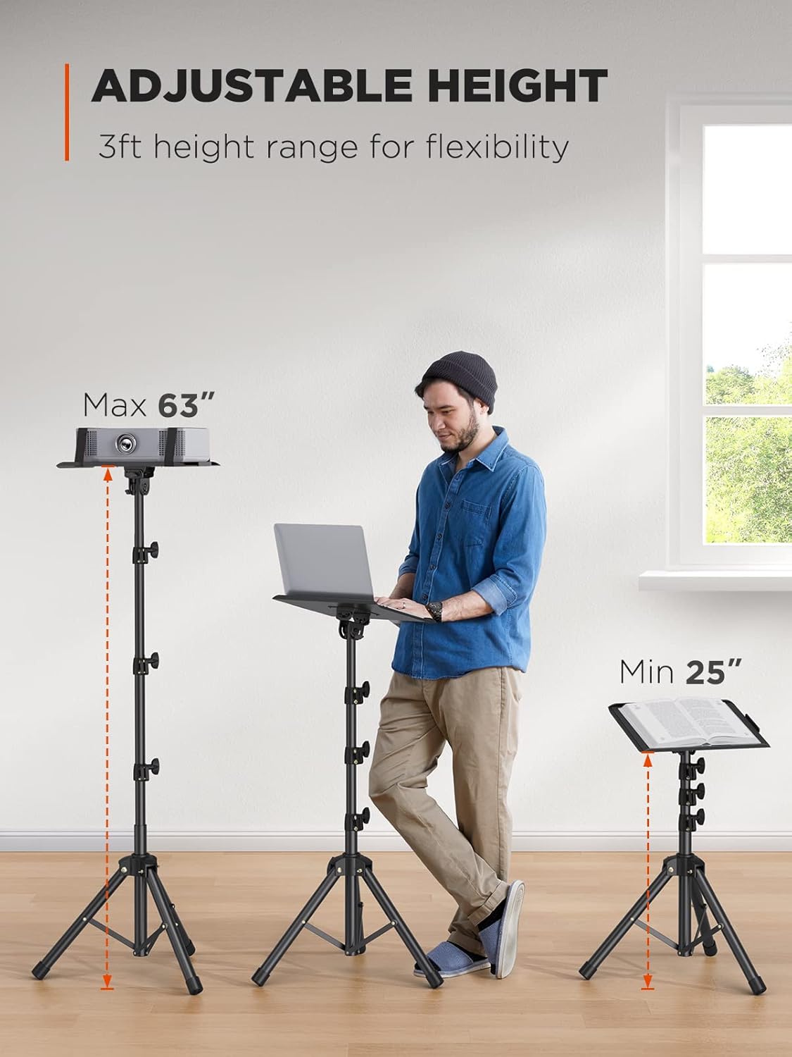 AMADA HOMEFURNISHING Foldable Projector Tripod, Multipurpose Laptop Stand with Removable Mouse Tray, Adjustable Height 25-63 Inch, Outdoor Movie Projector Stand, AMPS03