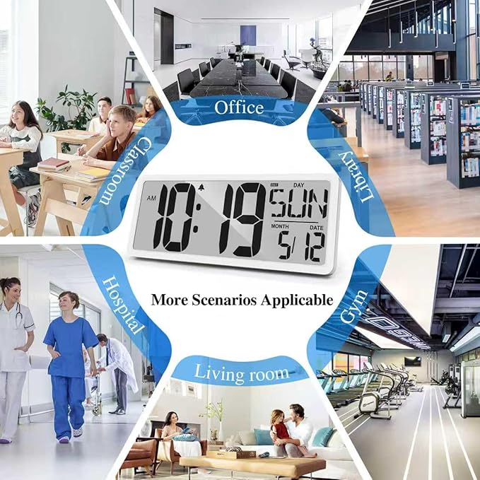 TXL Large Digital Wall Clock with Backlight, 14.2" Battery Operated Alarm Clock with Day, Date & Temperature, Jumbo Display Digital Count Up Down Timer Clock for Seniors, Home, Bedroom Office