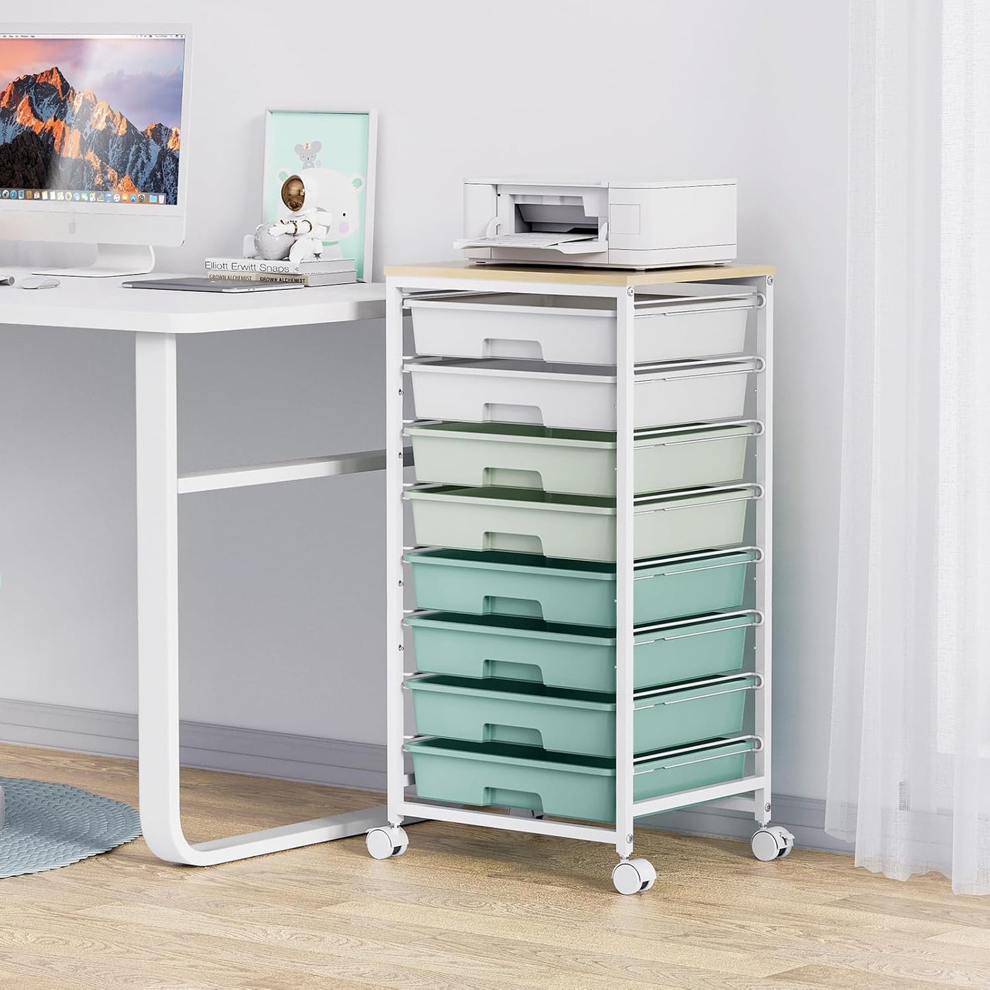 Rolling Storage Utility Cart Organizers with 8 Drawers and Wooden Tabletop for Living Room,Office,Classroom,Craft Room,Bedroom,Dorm,Green