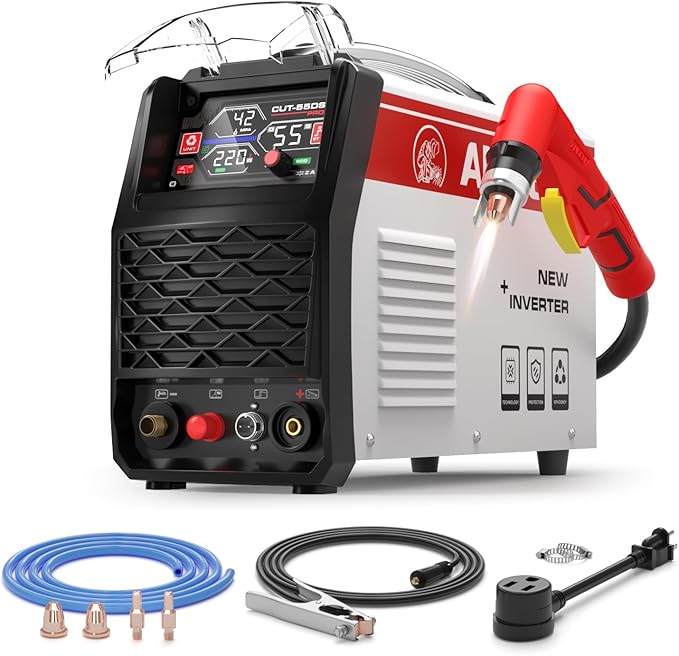 ANDELI Plasma Cutter 55A,Non-HF Non-Touch Pilot Arcï¼1'' Max Cut, 4-In-1 Plate Cutting/Grid Cutting/Gouging/Markingï¼Upgraded LED Display,Post Flow/2T/4T,110/220V IGBT Inverter for home, workshop