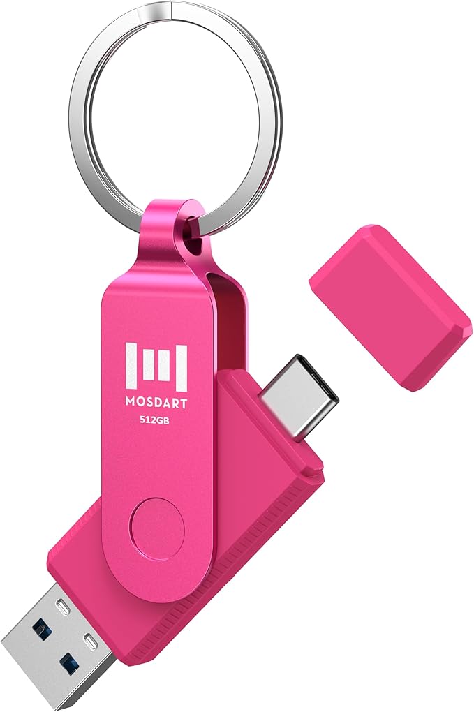 MOSDART 512GB USB3.1 Fast Speed C and A Dual Flash Drive, exFAT Memory Stick with Keychain and LED Indicator, for iPhone 15,16,17, Android Phone, iPad, MacBook, and Other Laptops, Hot Pink