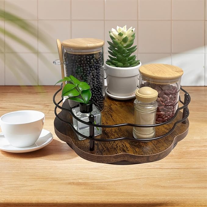 2 Pack, 11" & 12" Wooden Lazy Susan Turntable with Higher Metal Sides, 360ยฐ Rotating Lazy Susan Organization and Storage for Cabinet, Table Top, Kitchen, Countertop, Dining Table, Pantry, Coffee Bar