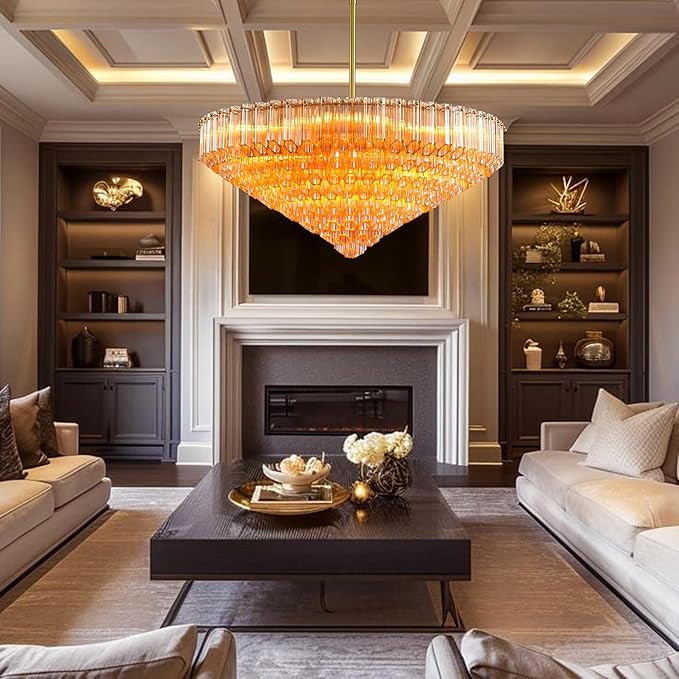 30" Modern Dining Room Chandeliers, 13-Light Amber Crystal Chandeliers, Dimmable Blown Glass Chandelier for Living Room, Round Glod Large Chandelier for High Ceiling, Bedroom, Entryway, Staircase