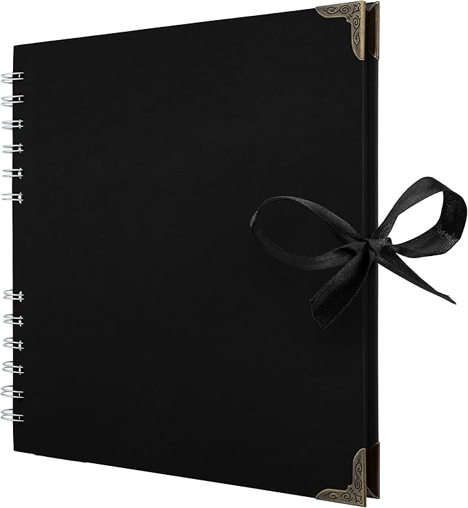 Bstorify Scrapbook Album 60 Pages (8 x 8 inch) Black Thick 250gsm Kraft Paper, Corner Protectors - Scrap Book, Ribbon Closure - Ideal for Your Scrapbooking Albums, Art & Craft Project