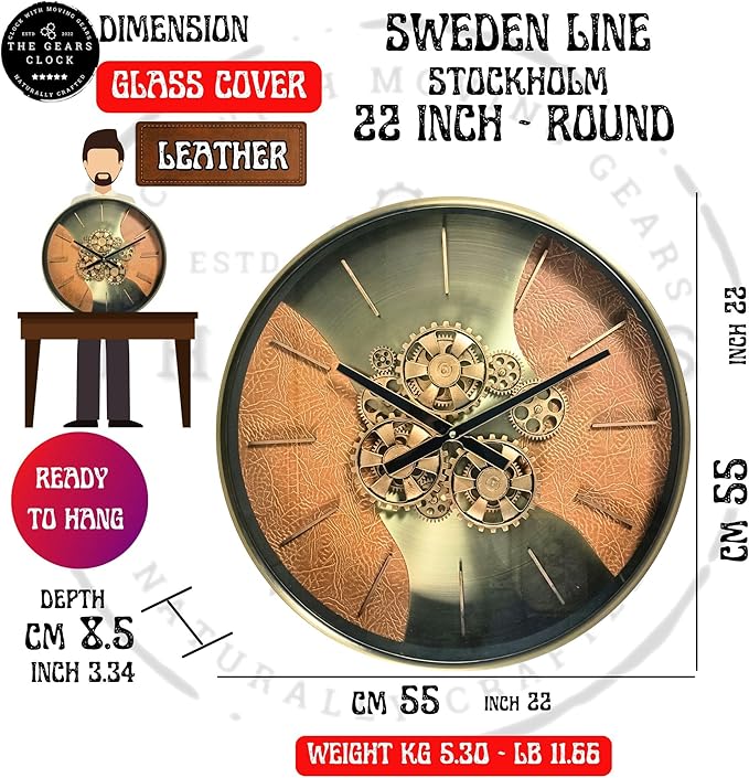 THE GEARS CLOCK 22'' Inch Real Moving Gear Wall Clock Sweden Line Stockholm (22 inches (55 cm))