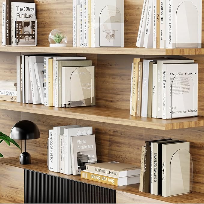 Lulonpon 4 Pieces Book Ends, Bookends, Books End for Shelves, Books End for Heavy Books, Clear Bookends, Acrylic Book Ends for School, Library,Desktop Organizer and Book Shelves